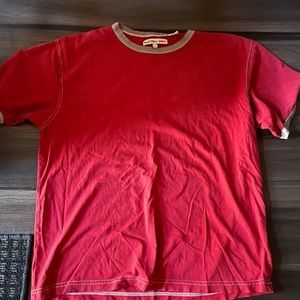 red oversized shirt.